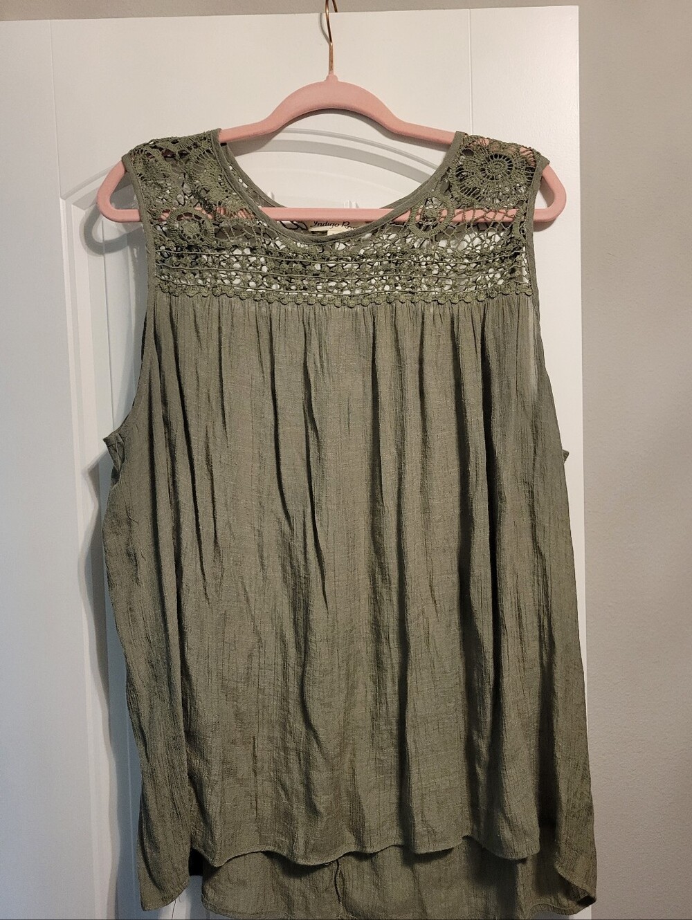 Sleeveless Crochet Yoke Tank Top in Olive